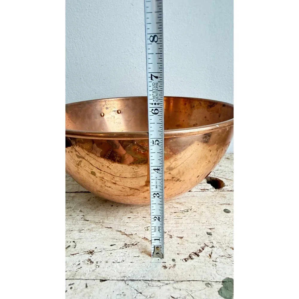 Vintage Solid Copper Mixing Bowl Brass Hanging Ring 11.5 Inch French